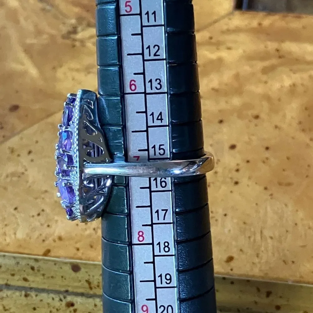 Natural Amethyst White Zircon Sterling Silver Cocktail Ring Size 7